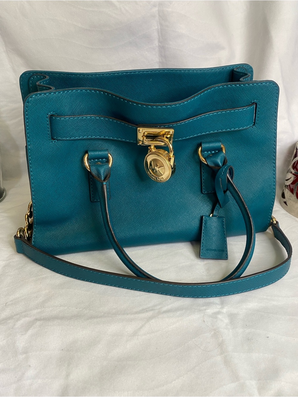 Michael Kors Teal Saffiano Satchel with Gold-Tone Lock